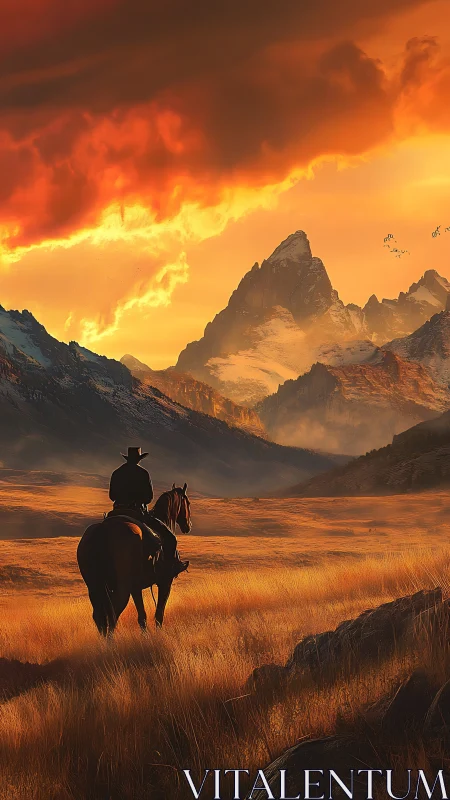 Lone rider on horseback under dramatic sunset sky.