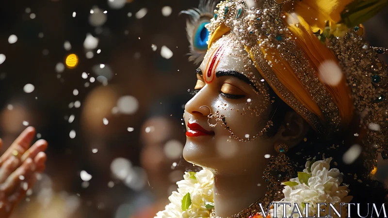 Divine festival radiance crowns a serene, jeweled deity portrait.