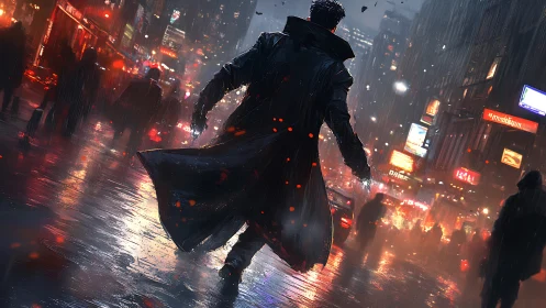 Man in long coat walks through wet neon city street at night