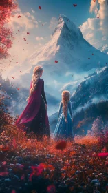 Sisters study towering alpine peak under swirling petals.