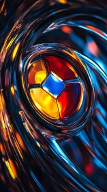 Radiant glass vortex cradles a glowing jewel of bold color