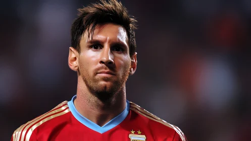 Focused footballer in crimson kit under stadium glow.