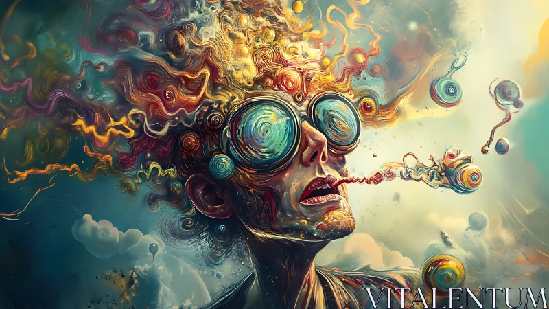 Psychedelic portrait shows swirling goggles and erupting colors