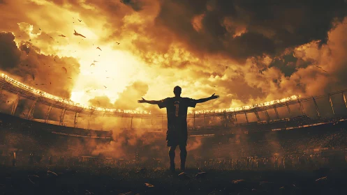 Lone footballer celebrates beneath blazing storm-lit sky.