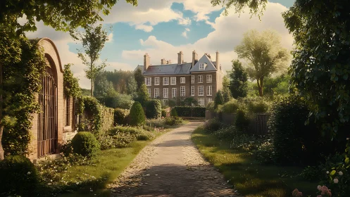 Sunlit manor path winding through lush English garden calm.