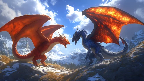 Opposed red and blue dragons over snow covered ridgeline.