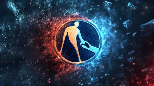 Futuristic basketball silhouette logo with fiery and icy effects.