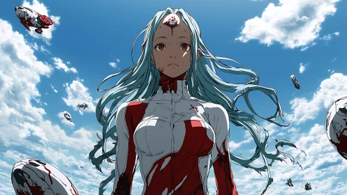 Cyborg pilot in bloodstained exosuit under dynamic cloudscape sky