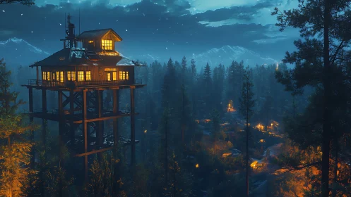 Forest watchtower glows above lantern-lit mountain valley.