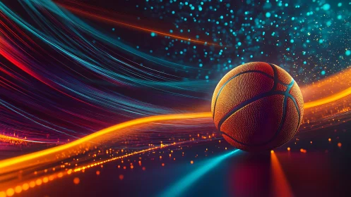 Basketball glows within neon motion trails and digital sparks.