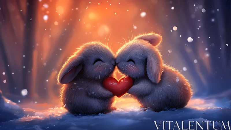 Two fluffy bunnies share a glowing heart in snowy forest