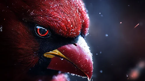 Intense Red Cardinal Close-Up with Water Droplets, Dramatic Lighting.