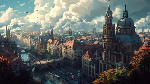 Riverside European cityscape with baroque cathedral at sunset