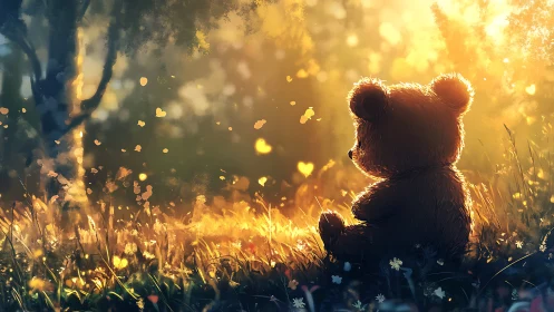 Teddy bear sits in glowing sunset meadow with soft light.