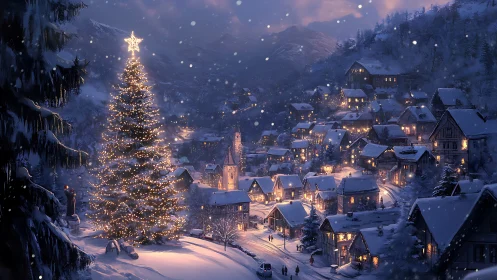 Snowy mountain village glows around a towering Christmas tree