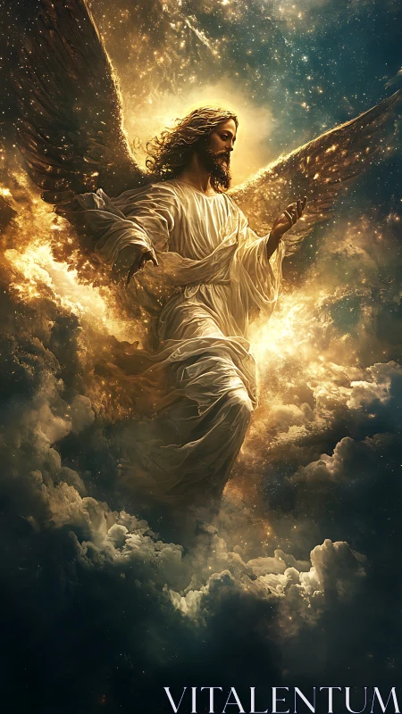 Radiant celestial angel floating gently through glowing clouds.
