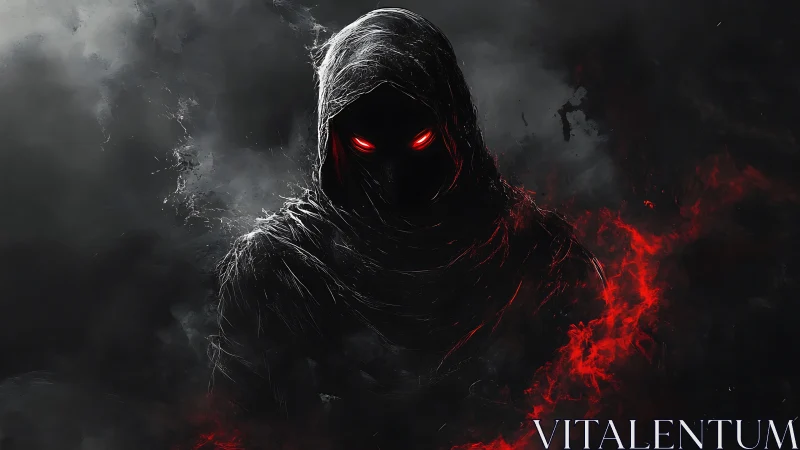 Hooded shadow wreathed in crimson embers and predatory glow.
