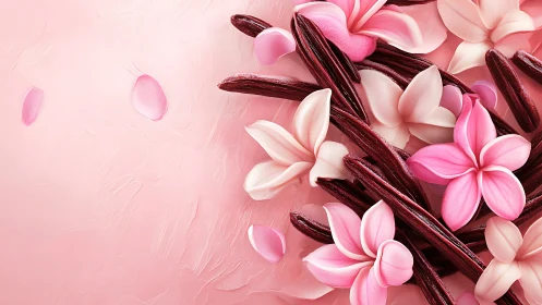 Pink and Burgundy Floral Arrangement with Striated Vanilla Pod Specimens