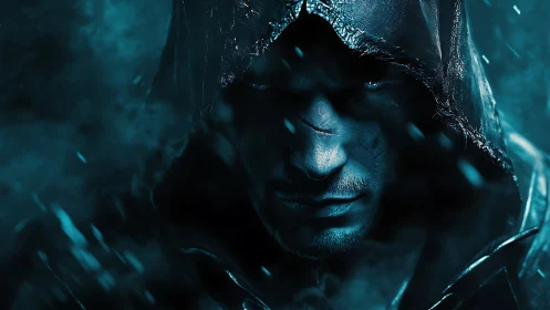 Hooded male warrior in blue-toned rain close-up portrait.