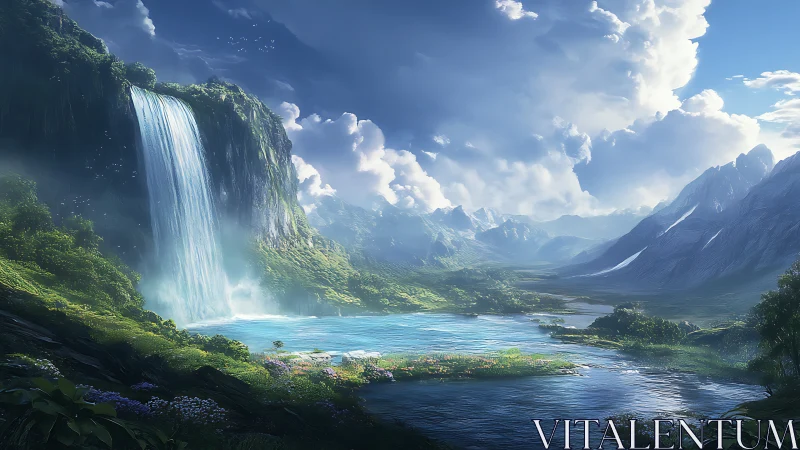 Digital rendering depicts wide valley with waterfall and lake