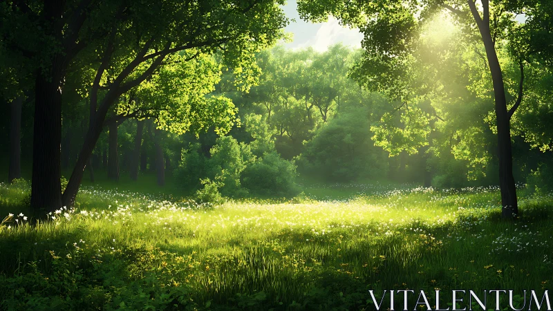 Sunlit Forest Clearing Surrounded by Majestic Trees