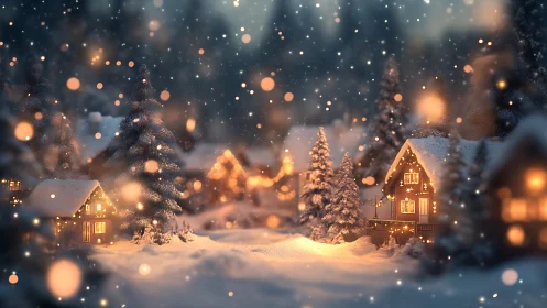 Snowlit alpine cottages with glowing bokeh fairy lights at dusk