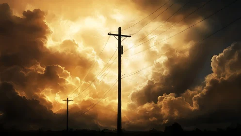 Telephone poles under dramatic golden storm clouds sky.