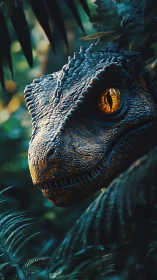 Velociraptor eye glows like molten amber in jungle hush