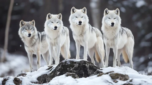 Snowy wolf pack standing strong in a calm winter forest.
