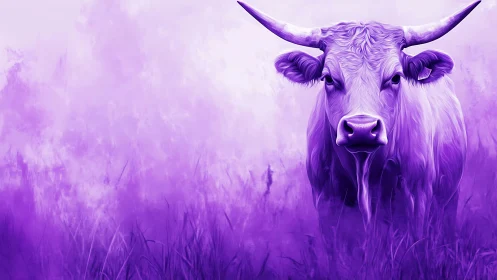 Purple-toned digital illustration of horned bovine in grassland.