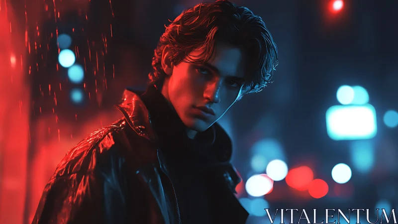 Moody young man in neon red and blue city night scene.