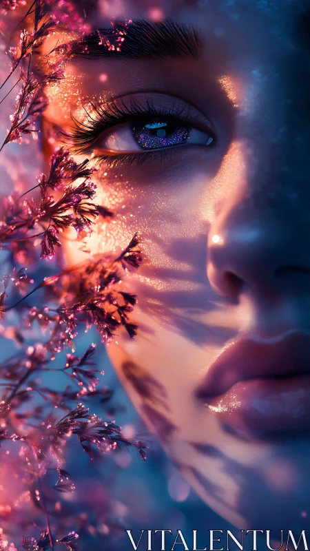 Iridescent close up of female face with glowing florals.