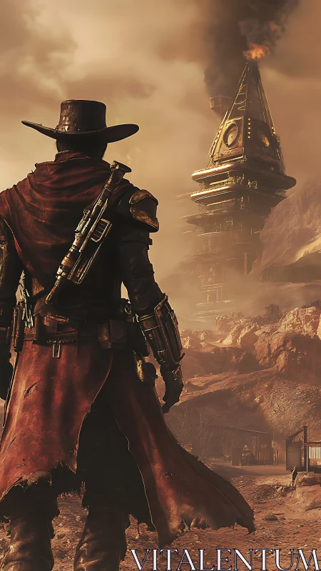 Gunslinger faces burning tower in dusty wasteland landscape.