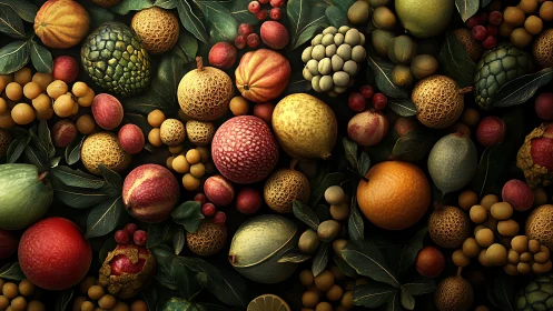 Riotous fantasy fruits tumble across shadowed jungle leaves