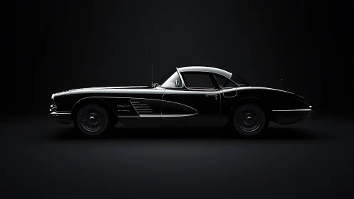 Side profile of classic black coupe in dark studio setting.