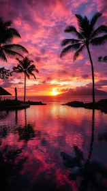 Coastal pool with palm silhouettes under vivid sunset sky.