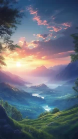 Digital landscape render shows layered mountains at sunrise