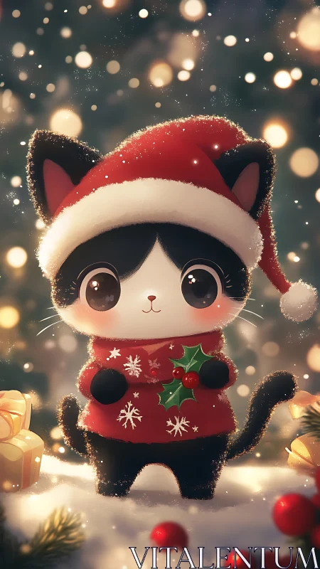 Snow-kissed holiday kitten guarding holly and glowing gifts.