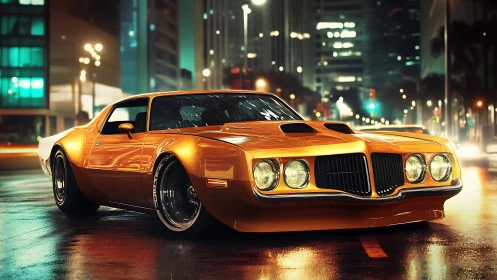 Golden muscle car glows against a neon soaked city night