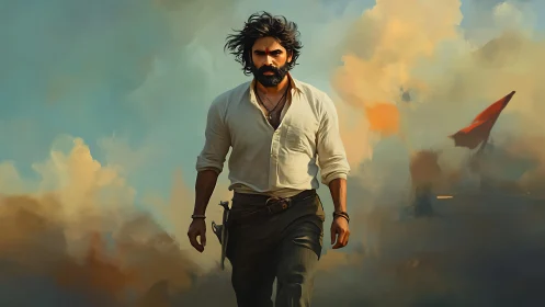 Rugged hero strides through stormy cinematic smoke.