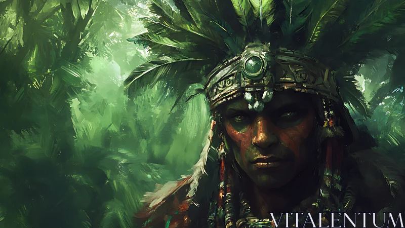 Jungle warrior portrait in feathered headdress, digital art.