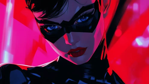 Masked vigilante portrait under neon magenta backlight.