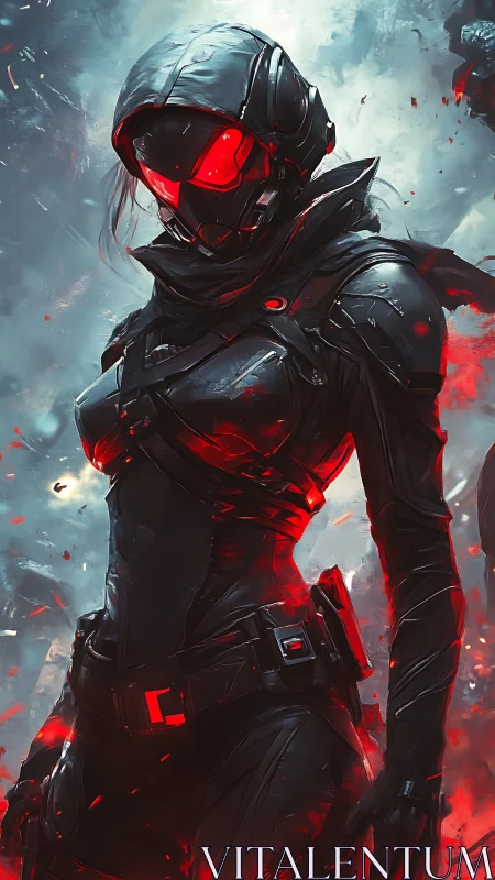 Cybernetic stealth operative in red-lit exosuit environment.