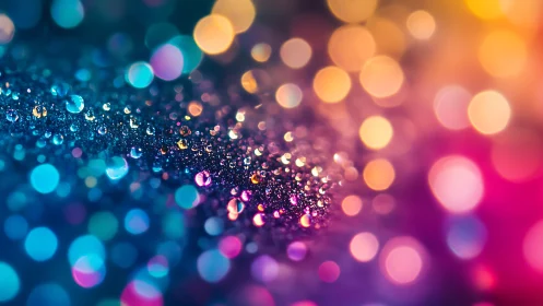 Macro dew droplets glow against vibrant bokeh field