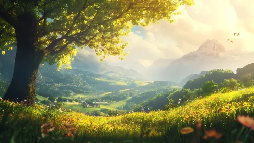 Sunlit alpine valley rendered as luminous digital landscape