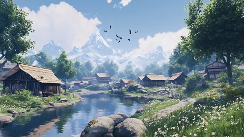 Riverside medieval village below snow covered mountains.