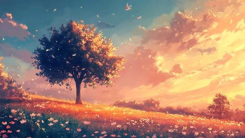 Golden meadow daydream under a softly glowing sunset.