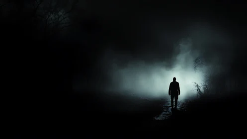 Lone figure walks into misty night along a quiet forest path