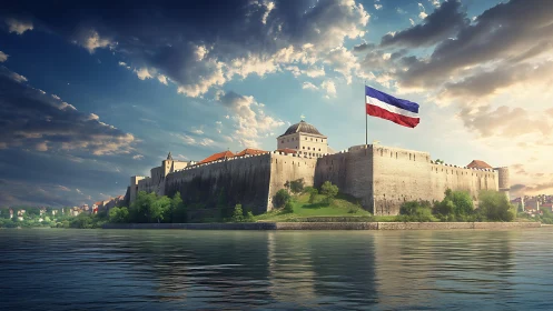 Medieval Fortress Citadel Along River Under Dynamic Sky