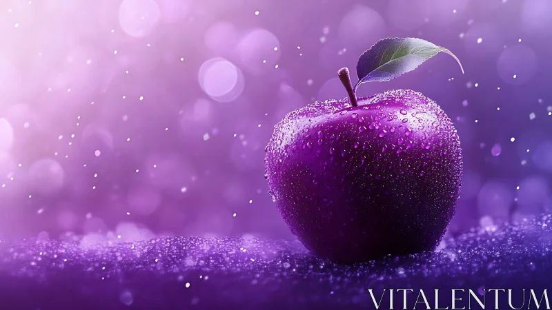 Enchanted violet apple sparkling in dreamy bokeh mist.